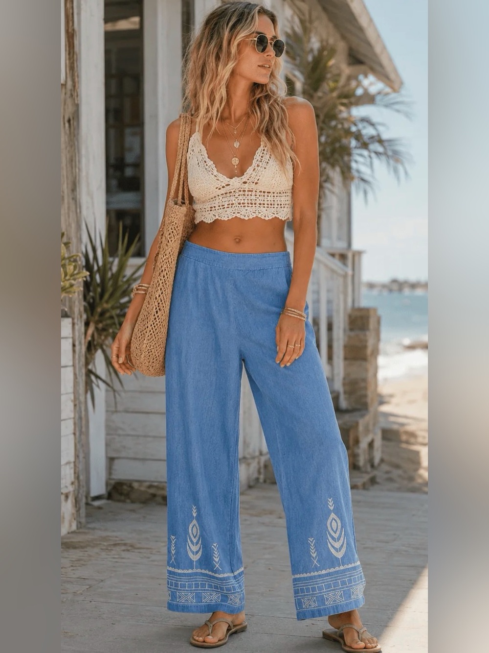 A719. Boho Wide-Leg Embroidered Cotton Pants - Blue